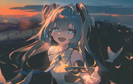 初音未来 双马尾 青发蓝眼 户外黄昏日落 云朵飞鸟 虚化背景 正面视角 露肩 飘袖 伸手 微笑张嘴 4K壁纸