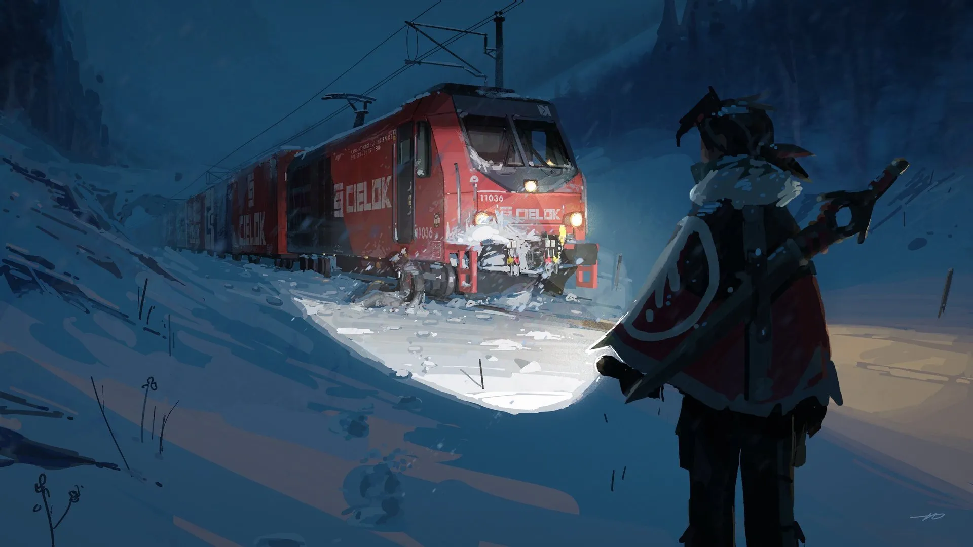 数字绘画 冬夜 火车 手电筒 积雪 电线 户外女性 短发 站立 望向别处 车灯 4K壁纸