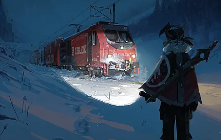 数字绘画 冬夜 火车 手电筒 积雪 电线 户外女性 短发 站立 望向别处 车灯 4K壁纸