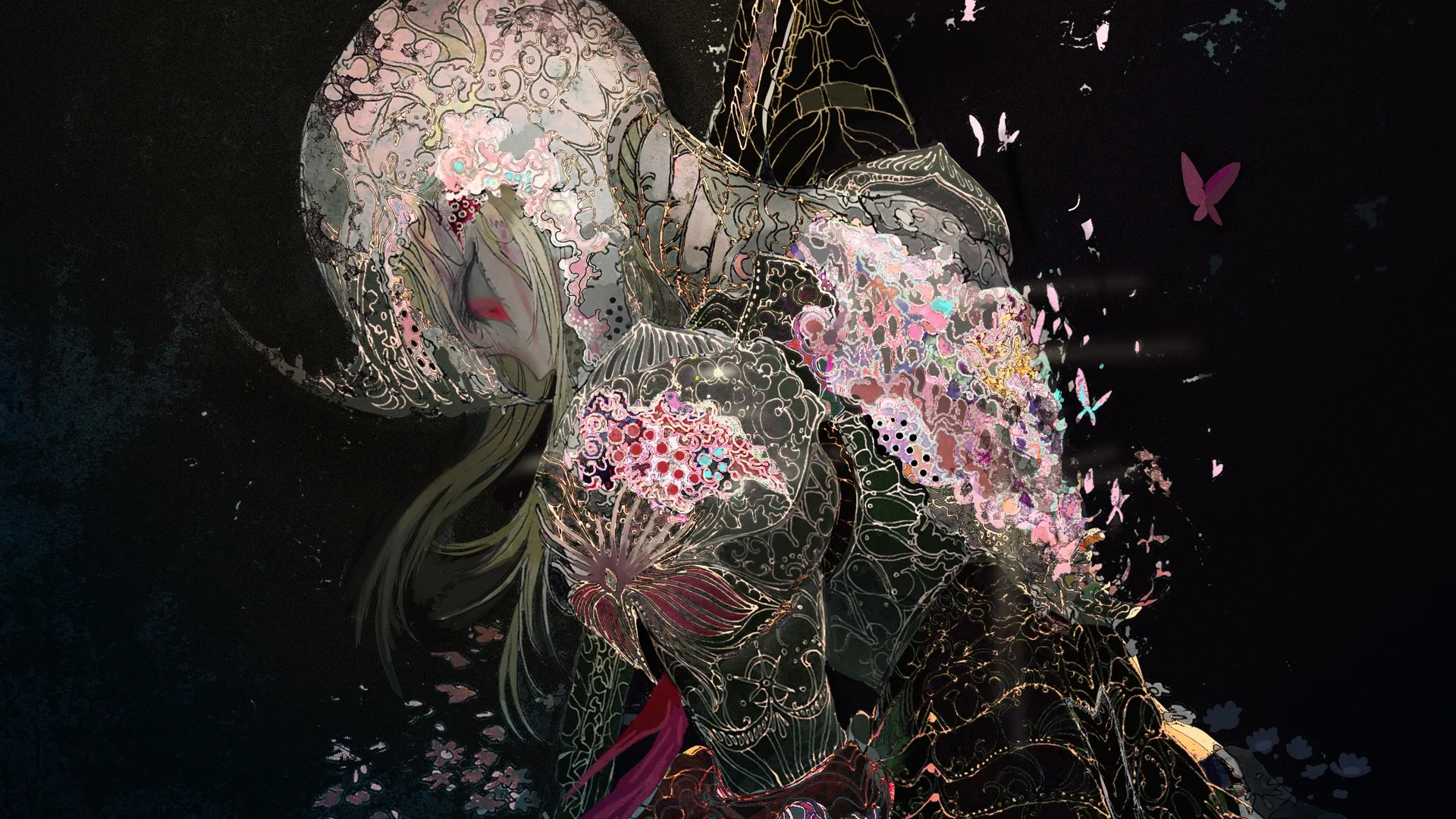 女战士 盔甲 长剑 红发 蝴蝶昆虫 黑色简约背景 长发 特写 侧视角 望向别处 4K壁纸