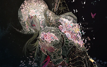 女战士 盔甲 长剑 红发 蝴蝶昆虫 黑色简约背景 长发 特写 侧视角 望向别处 4K壁纸