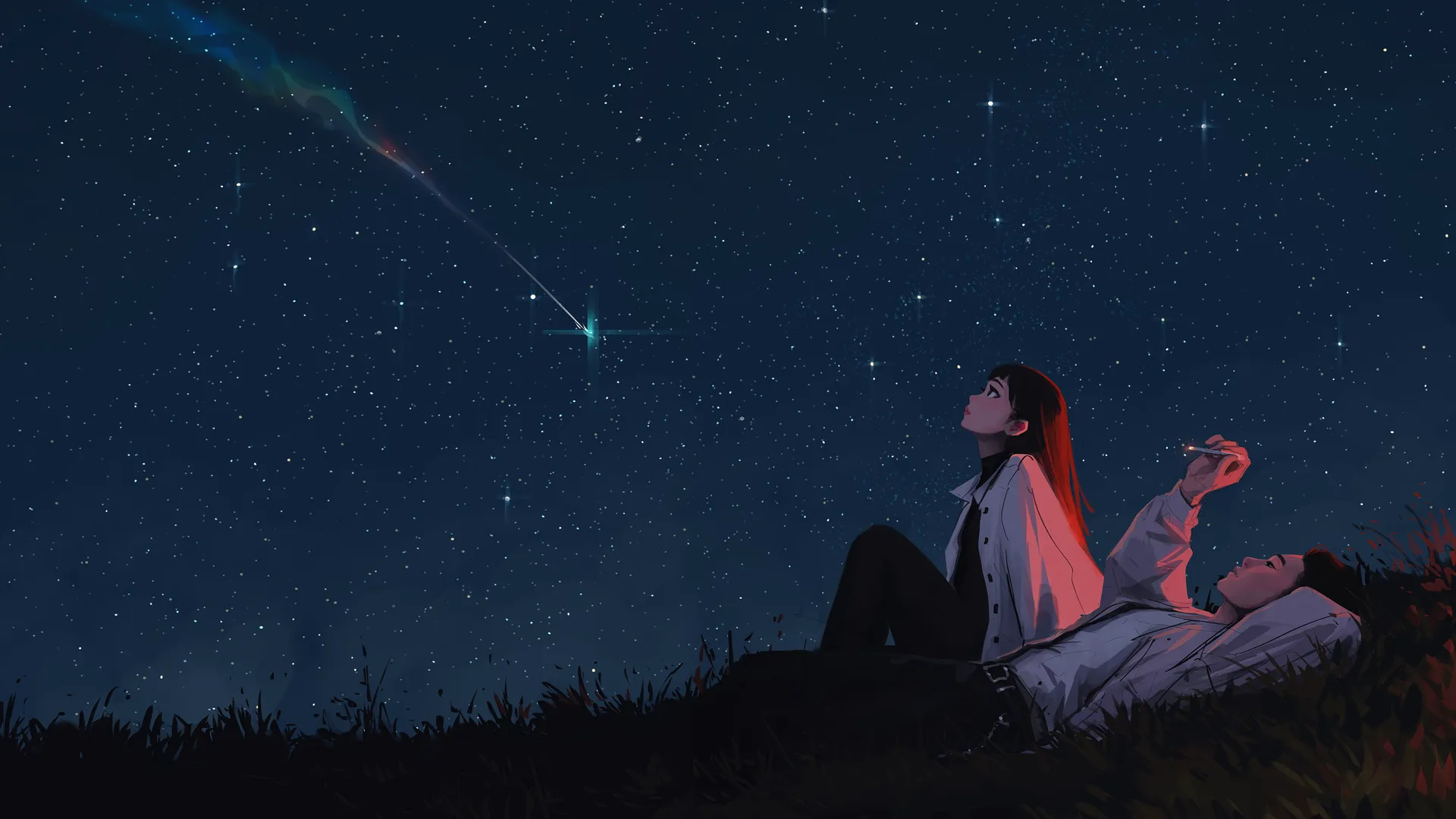 数字绘画 夜晚星空 情侣 躺在草地上 仰望流星 暗光环境 户外 长发 香烟 4K壁纸