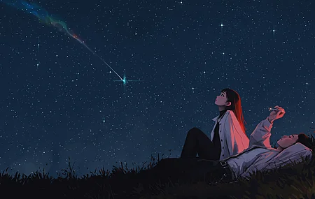 数字绘画 夜晚星空 情侣 躺在草地上 仰望流星 暗光环境 户外 长发 香烟 4K壁纸
