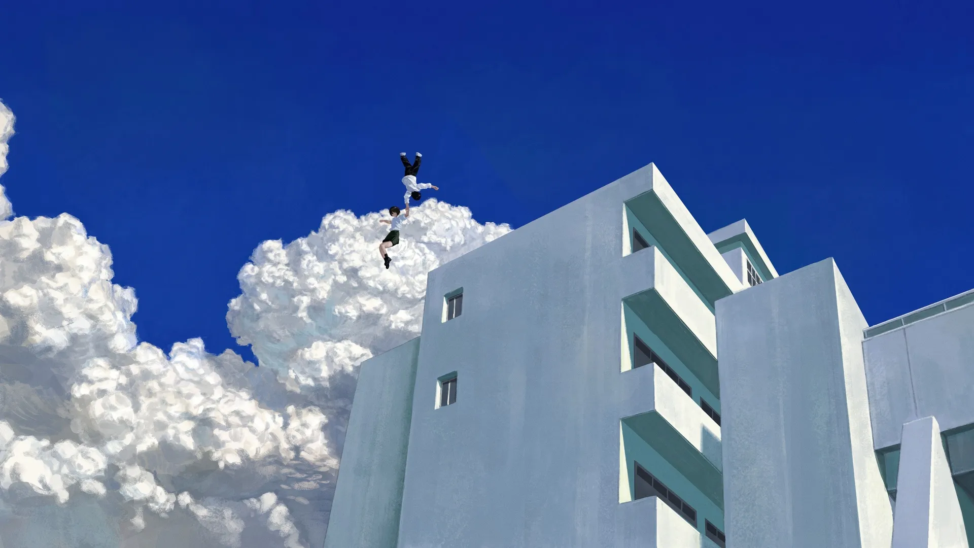 数字绘画 户外白天 天空云朵 浮空建筑 男女角色 建筑 校服 4K壁纸