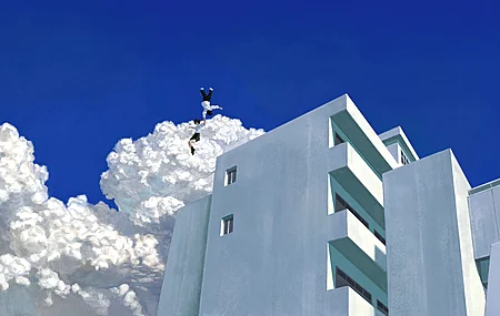 数字绘画 户外白天 天空云朵 浮空建筑 男女角色 建筑 校服 4K壁纸