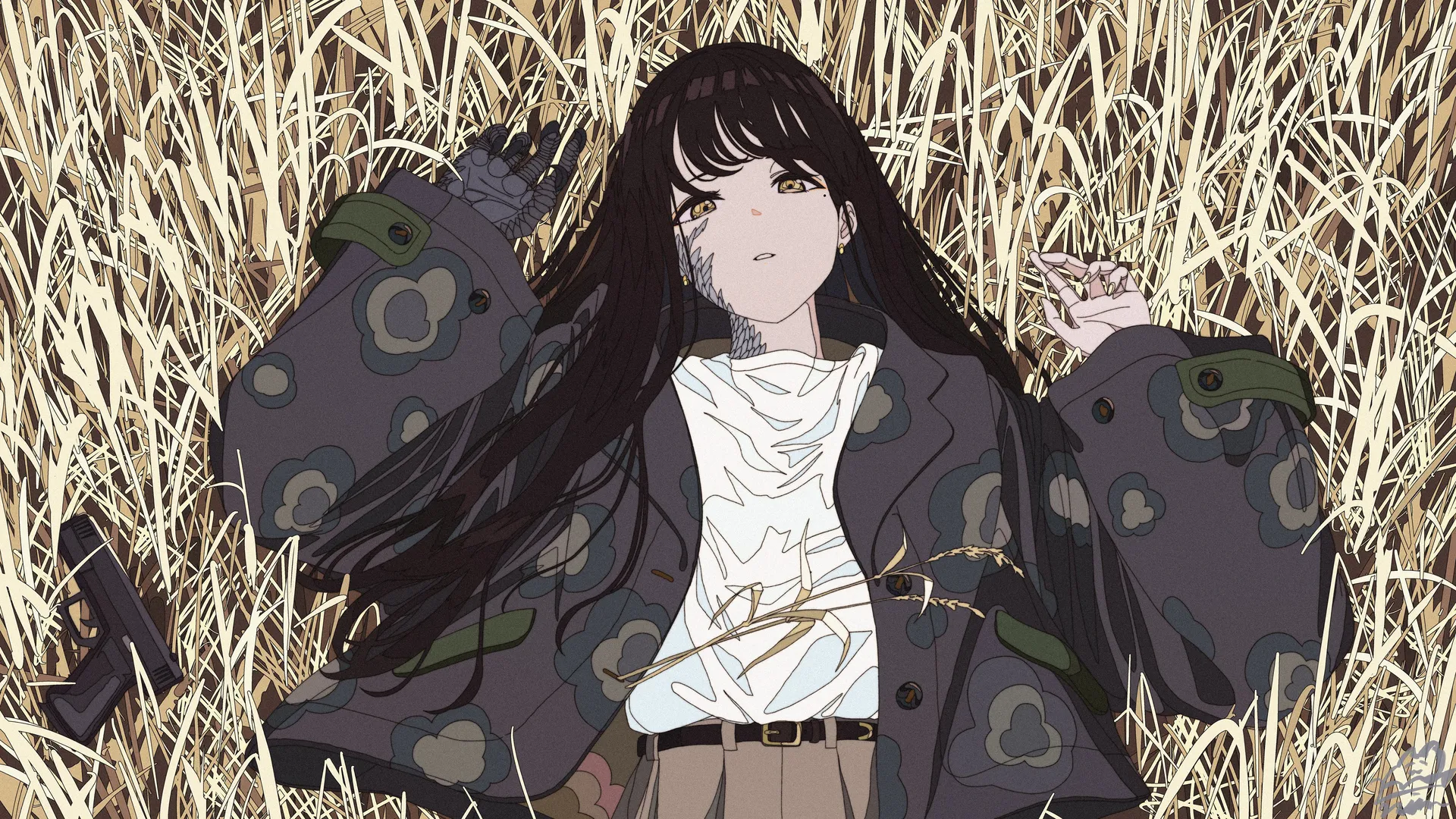 动漫少女 深色长发 手枪 户外自然 平躺 看向观众 眼下痣 微张嘴唇 夹克 腰带 耳环 4K壁纸