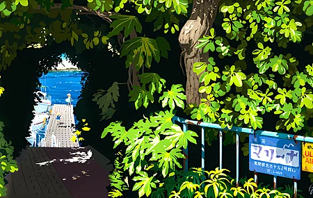 数字绘画 夏日海景 树木隧道 绿植树叶 日本海边 码头栈桥 船只 户外少女 白色连衣裙 遮阳帽 凭栏 望向远方 阳光 8K壁纸