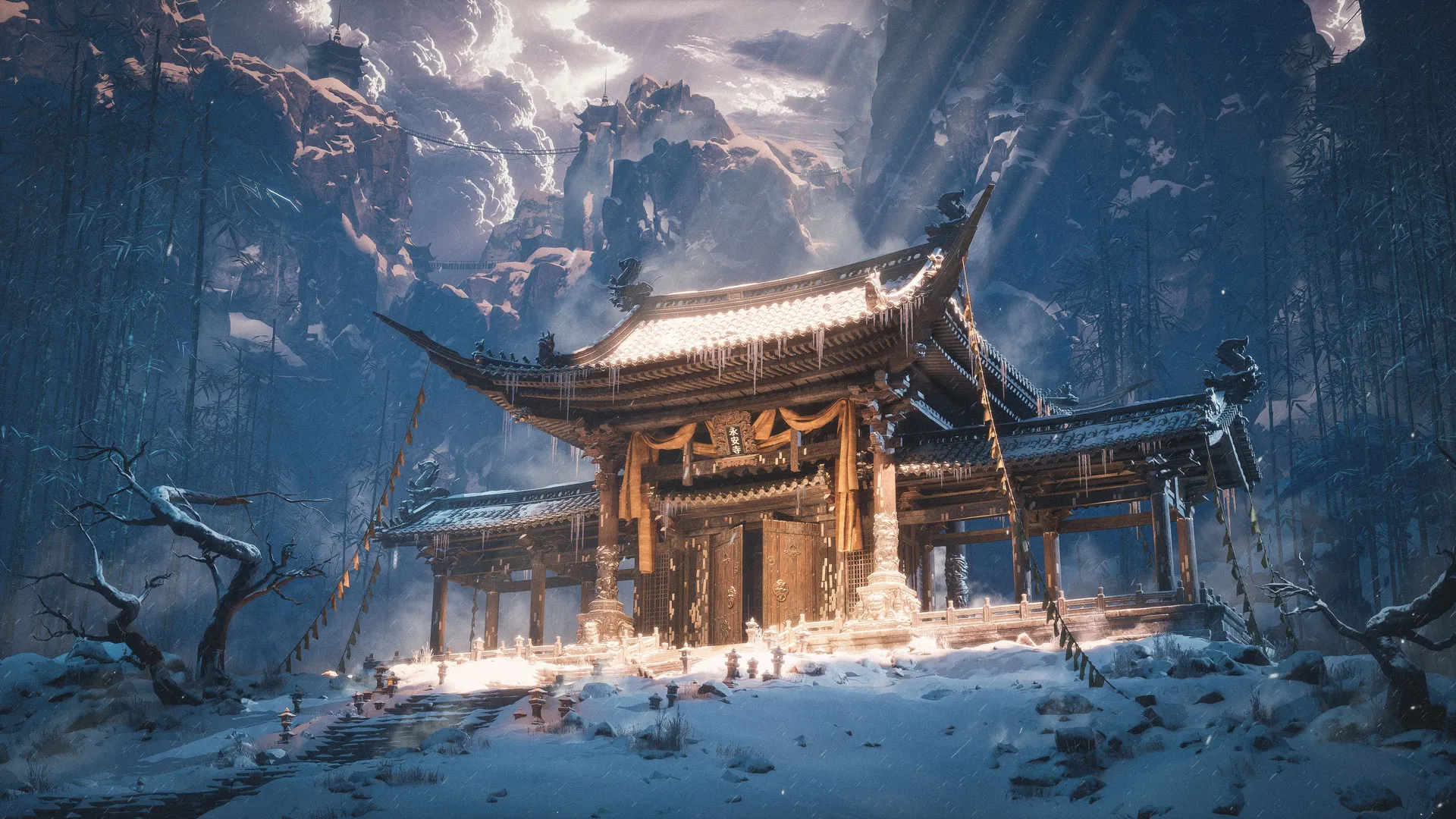 虚幻引擎 5 数字艺术 冬日雪景 中式古建筑 寺庙山门 立柱 阳光光束 天空云朵 白天户外 超宽屏 4K壁纸
