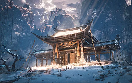 虚幻引擎 5 数字艺术 冬日雪景 中式古建筑 寺庙山门 立柱 阳光光束 天空云朵 白天户外 超宽屏 4K壁纸
