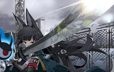 绝区零 星见雅 黑色长发 红瞳 狐耳 武士刀 雨天 战斗姿态 灰色服饰 4K壁纸