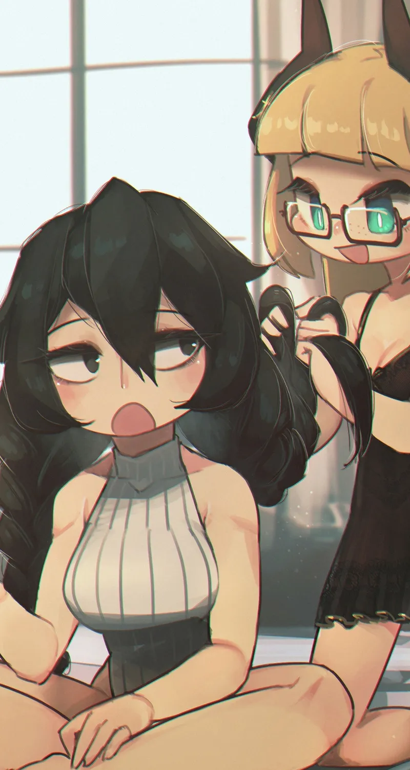 原创女性角色 尖耳朵 金发 黑发 眼镜 绿色眼眸 手机壁纸