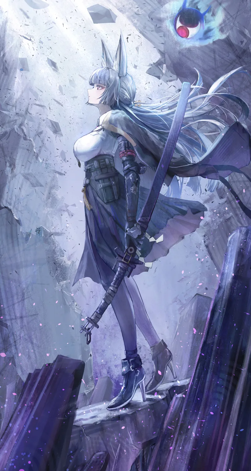 绝区零 星见雅 狐耳 白发 武士刀 灰紫配色 连衣裙 粒子特效 人像特写 手机壁纸