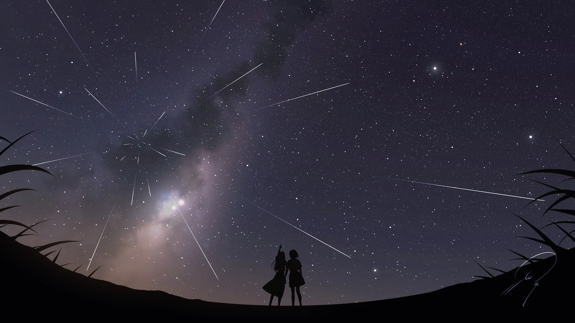 动漫少女 手指指向 户外少女 剪影 天空 星星 星夜 流星 草地 夜晚 流星轨迹 站立 多名 两名少女 4K壁纸