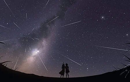 动漫少女 手指指向 户外少女 剪影 天空 星星 星夜 流星 草地 夜晚 流星轨迹 站立 多名 两名少女 4K壁纸