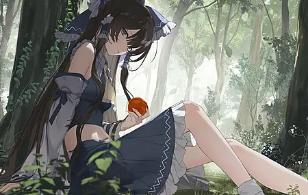东方 Project 博丽灵梦 动漫少女 白色袜子 户外少女 苹果 森林 自然 发带 手臂支撑 无袖套袖 坐着 草地 荷叶边 换装 袜子 树木 水果 植物 露腰 发筒