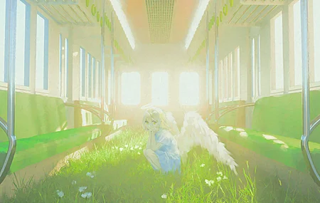 原创角色 动漫少女 列车 坐着 天使 植物 花朵 光环 浅色背景 4K壁纸
