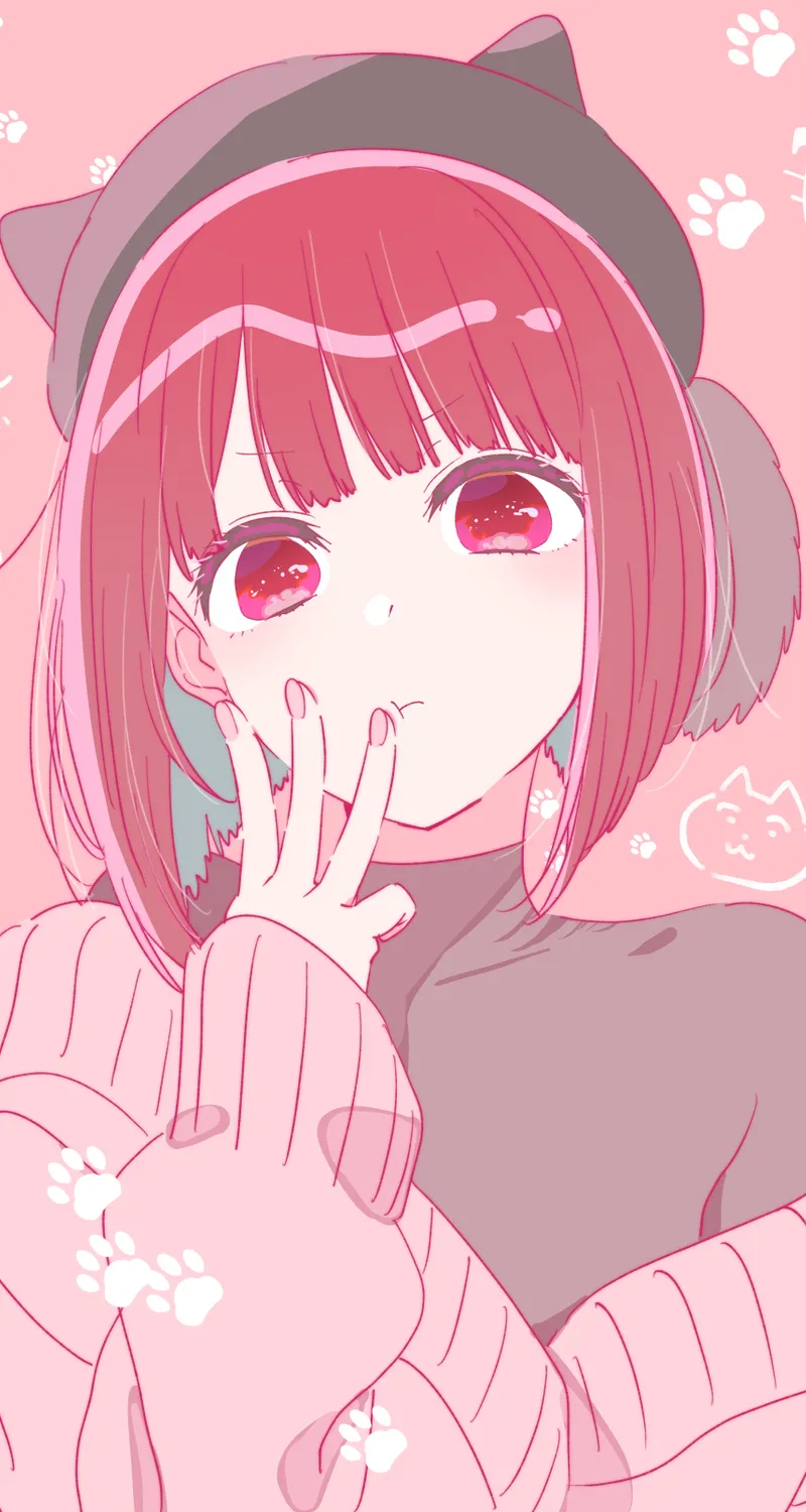 动漫 动漫少女 我推的孩子 有马加奈 黑色帽子 波波头 闭着嘴 帽子 露肩 粉色背景 粉色毛衣 鼓嘴 红色眼眸 红发 简洁背景 毛衣 八字眉 粉色 手机壁纸