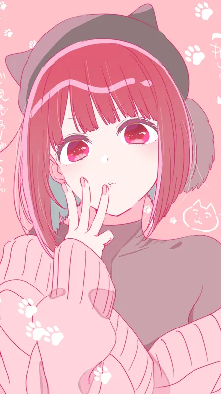 动漫 动漫少女 我推的孩子 有马加奈 黑色帽子 波波头 闭着嘴 帽子 露肩 粉色背景 粉色毛衣 鼓嘴 红色眼眸 红发 简洁背景 毛衣 八字眉 粉色 手机壁纸
