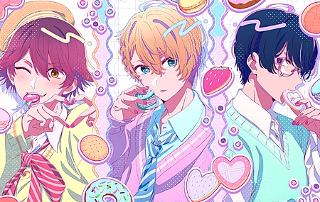 动漫 少年 我推的孩子 星野爱久爱海 成岛梅尔特 姬川大辉 曲奇饼干 马卡龙 比心 糖果 甜甜圈 多名 男性 爱心 紫发 黑发 金发 星星眼 异瞳 衬衫 短发 粉色 彩色