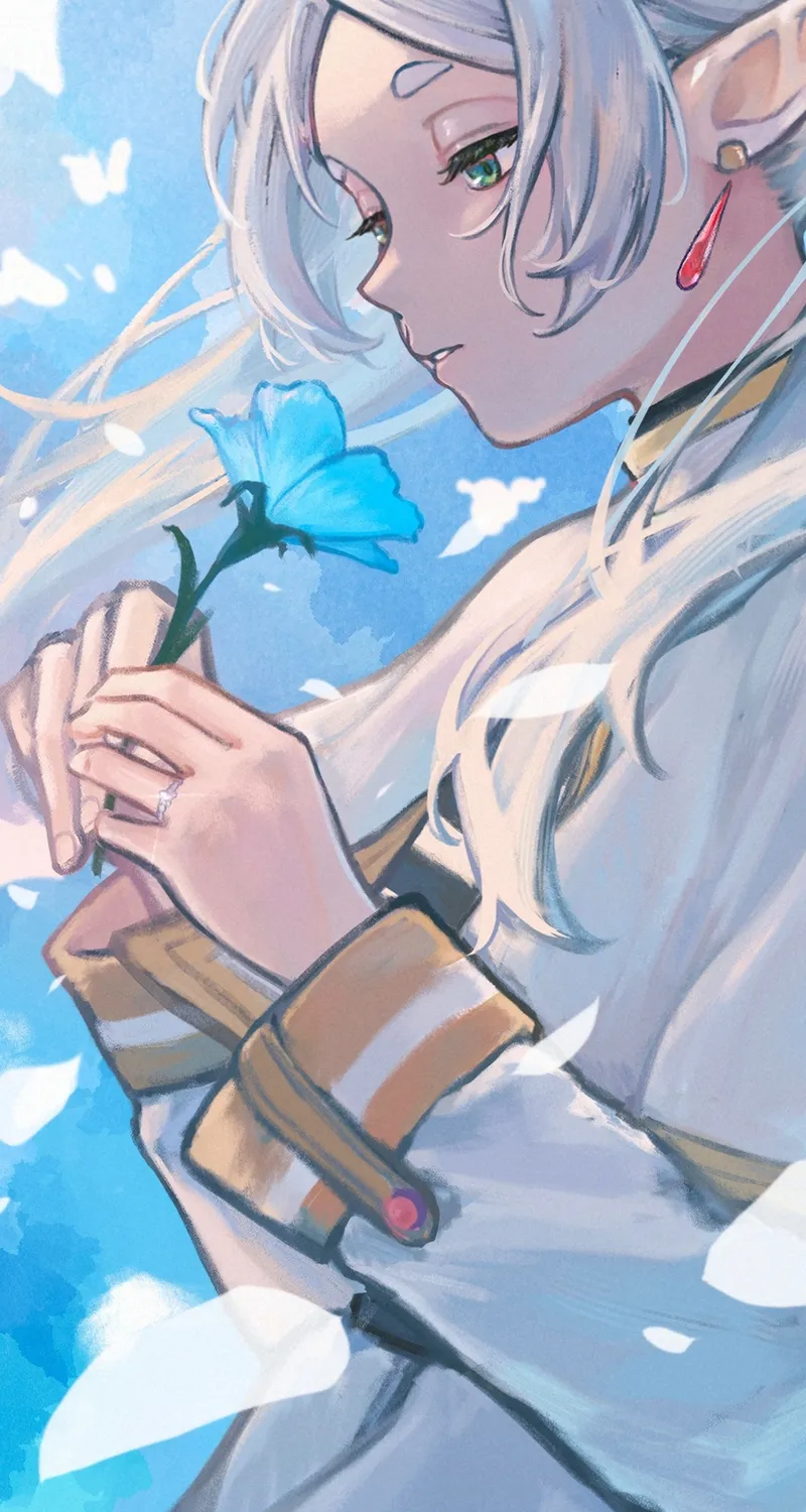 动漫 少女 葬送的芙莉莲 芙莉莲 花朵 白发 绿色眼眸 白色 手机壁纸
