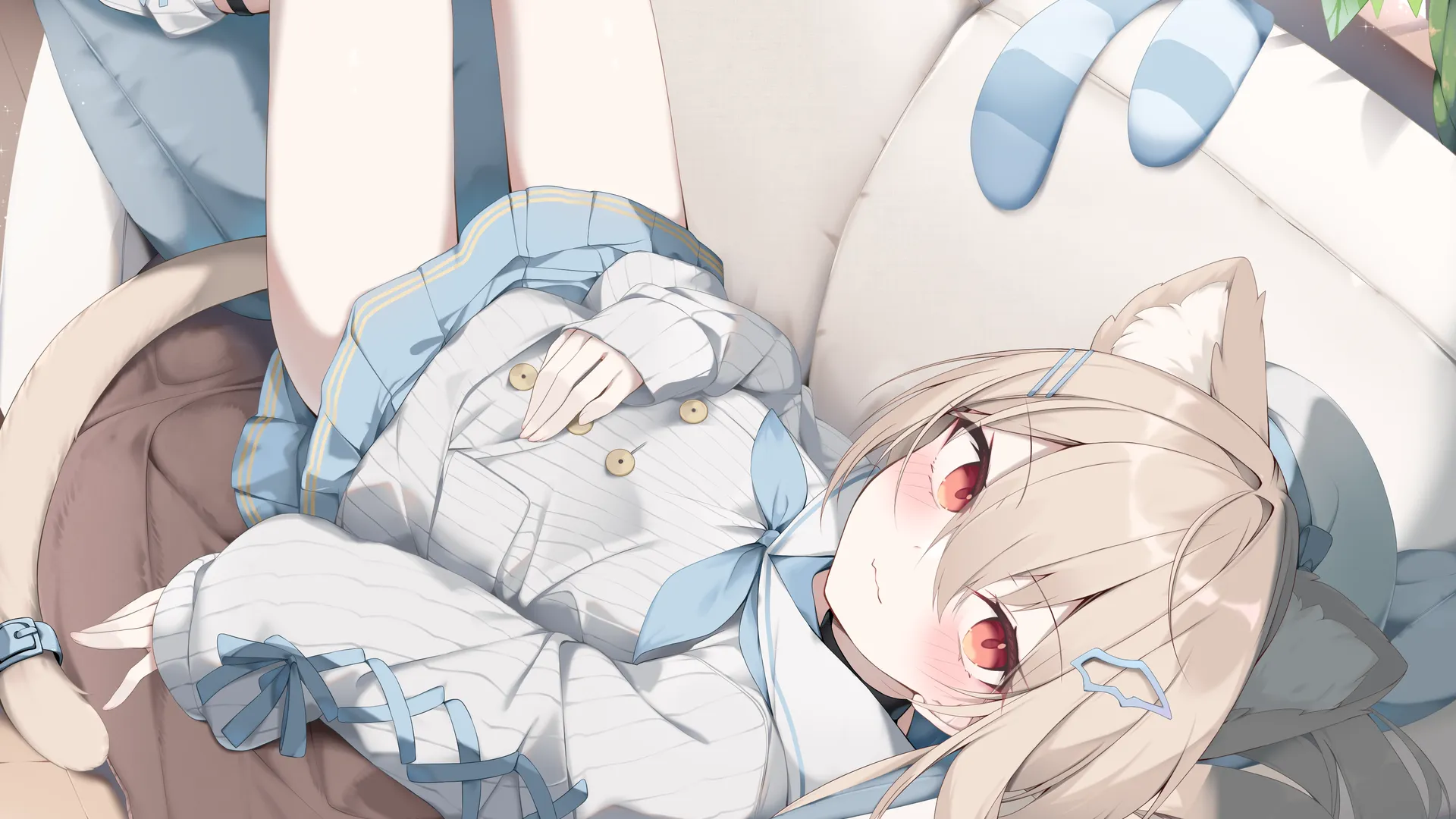 动漫 少女 虹色静香 沙发 猫耳 猫尾巴 帽子 蓝色 4K壁纸