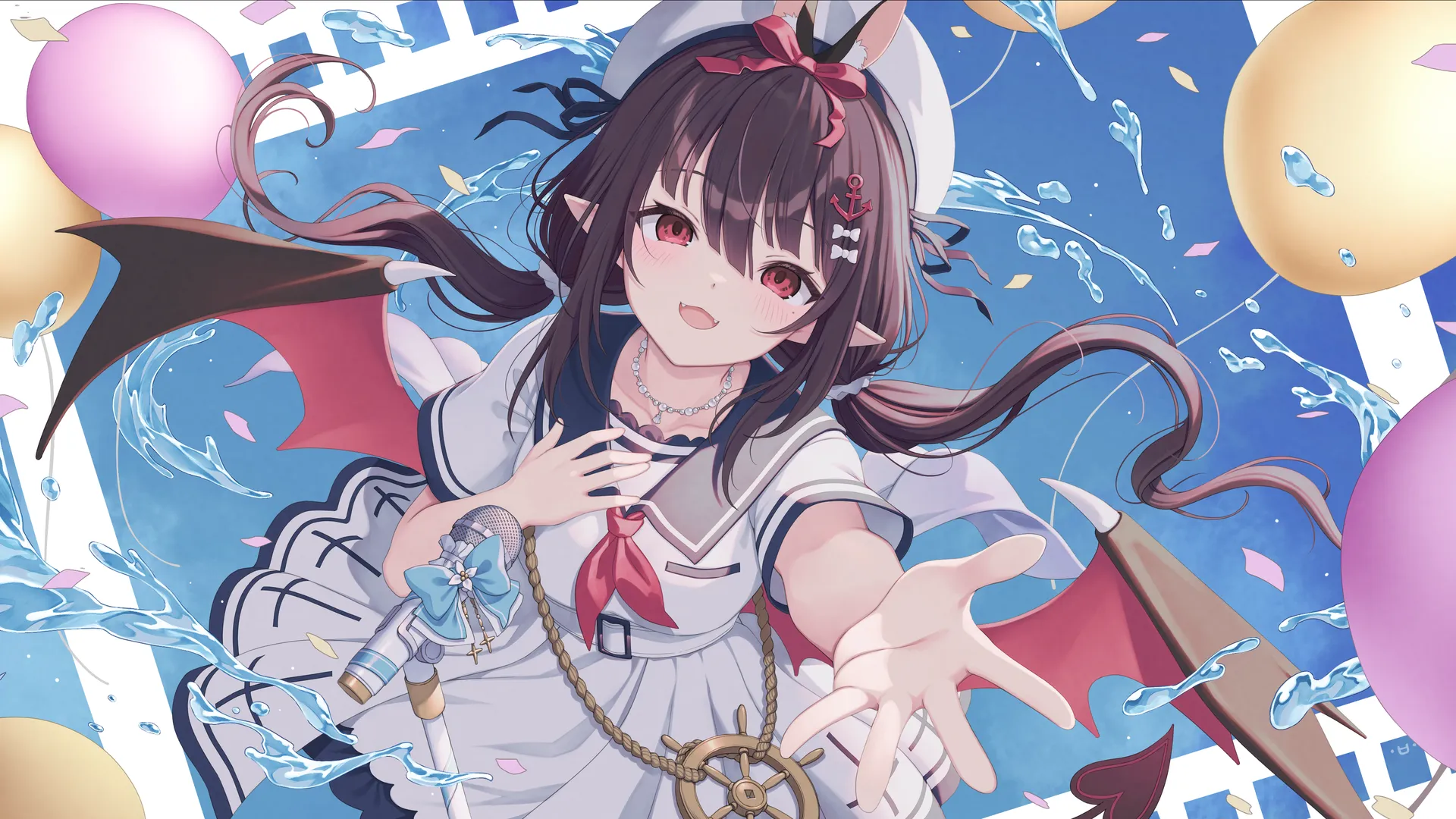 动漫 少女 校服 泪痣 恶魔 翅膀 麦克风 照片 蝴蝶结 魅魔 4K壁纸