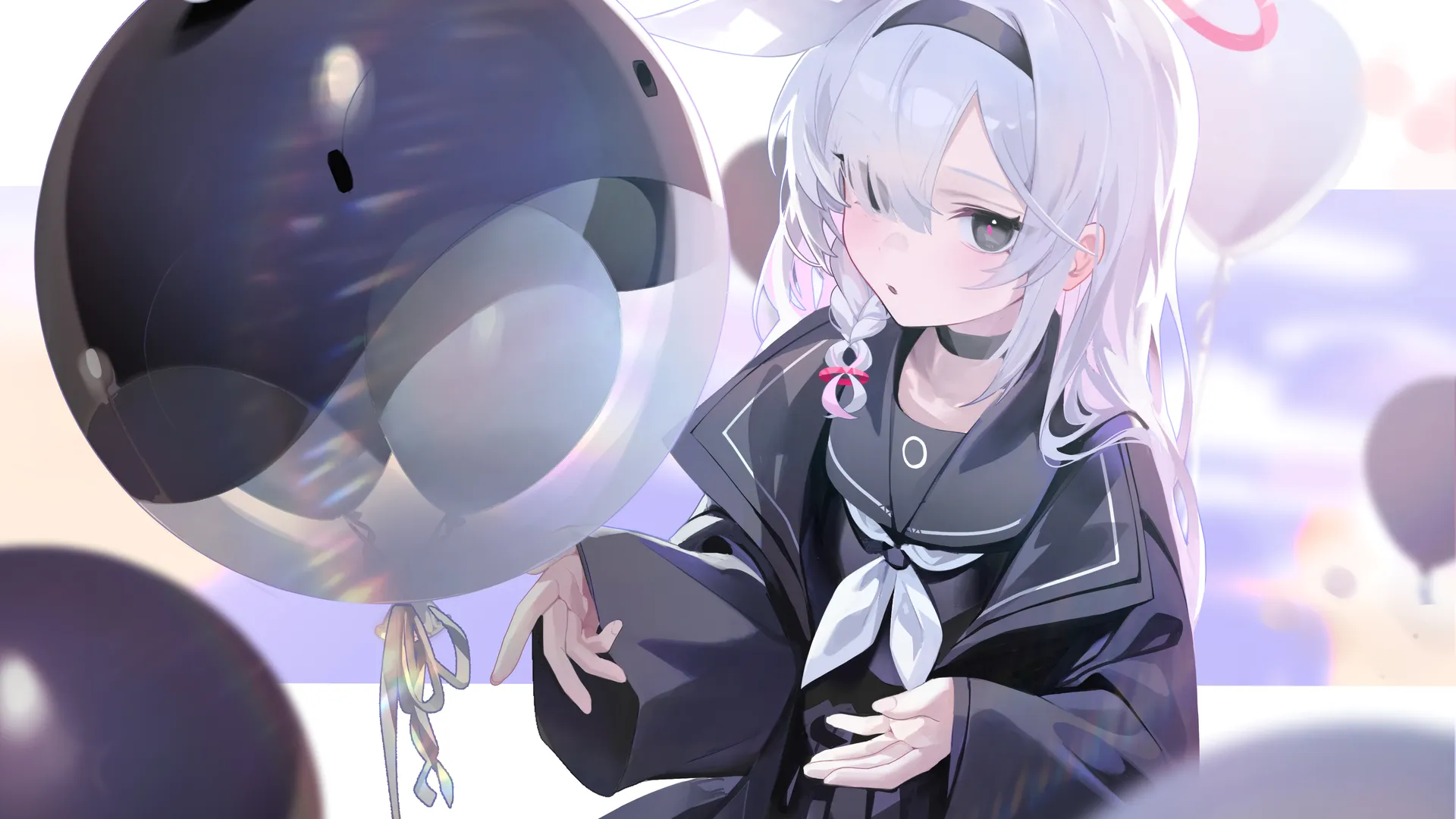 动漫 少女 蔚蓝档案 普拉娜 水手服 女孩 蝴蝶结 白色 气球 4K壁纸