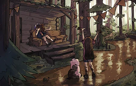 通 卡通女孩 怪诞小镇 树木 自然 雨 卡夫卡 森林 迪珀 梅宝 棕色 4K壁纸