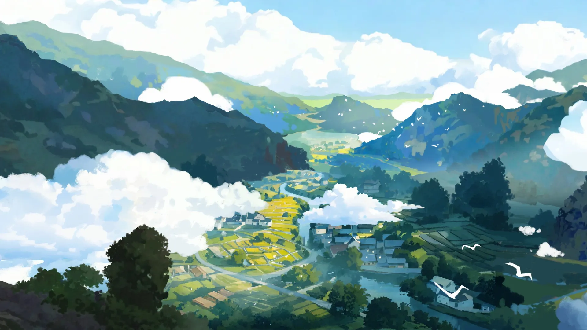 数字艺术 山谷 群山 飞鸟 云朵 村庄 河流 超宽画幅 风景 天空 树木 绿色 4K壁纸