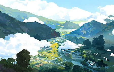 数字艺术 山谷 群山 飞鸟 云朵 村庄 河流 超宽画幅 风景 天空 树木 绿色 4K壁纸