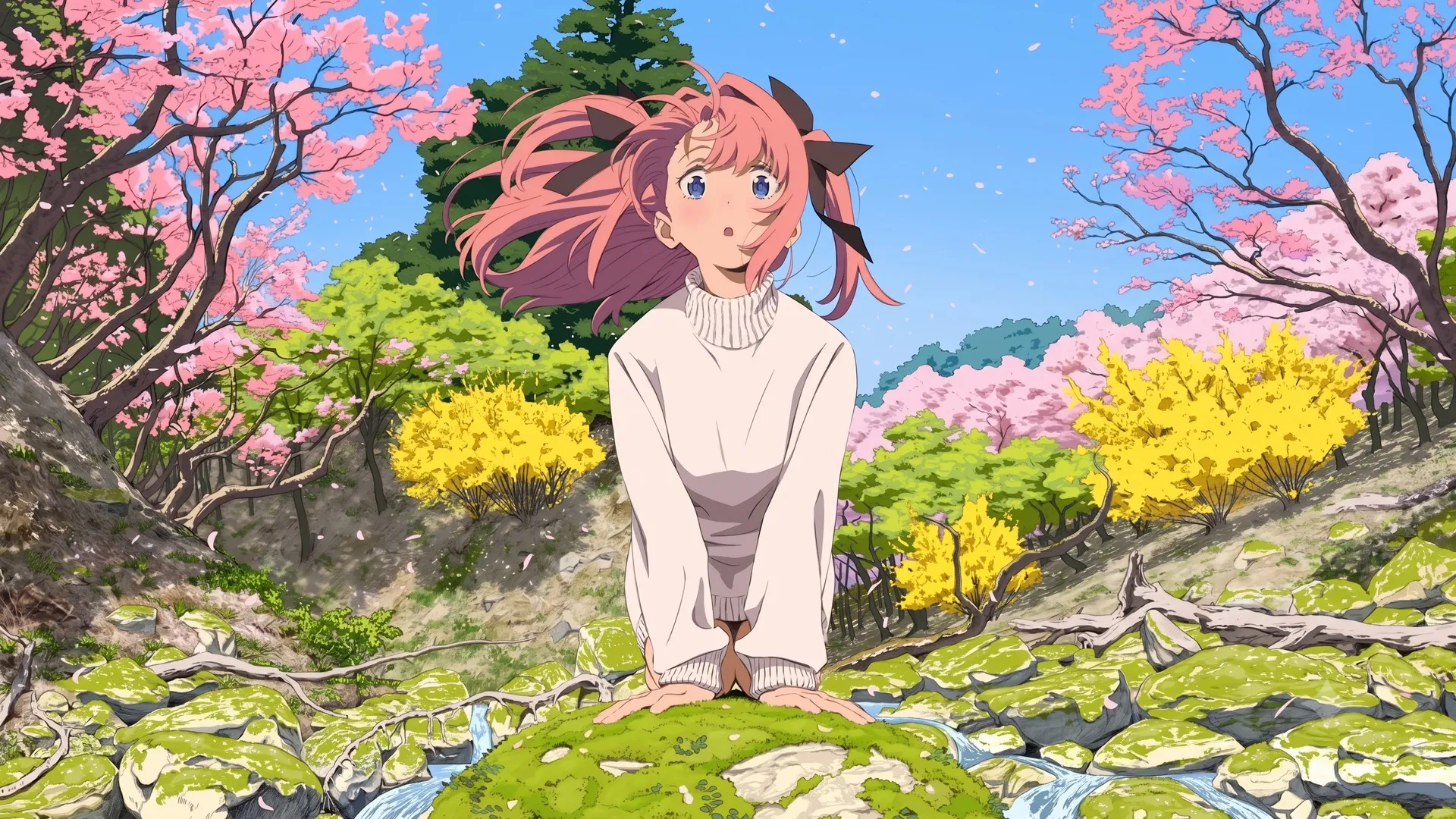 夜会姿如百合之花 神稻牡丹 春天 小溪 巨石 繁花 动漫少女 长发 粉色 蓝色眼眸 水流 岩石 晴朗天空 花瓣 户外 4K壁纸