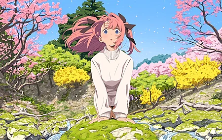 夜会姿如百合之花 神稻牡丹 春天 小溪 巨石 繁花 动漫少女 长发 粉色 蓝色眼眸 水流 岩石 晴朗天空 花瓣 户外 4K壁纸