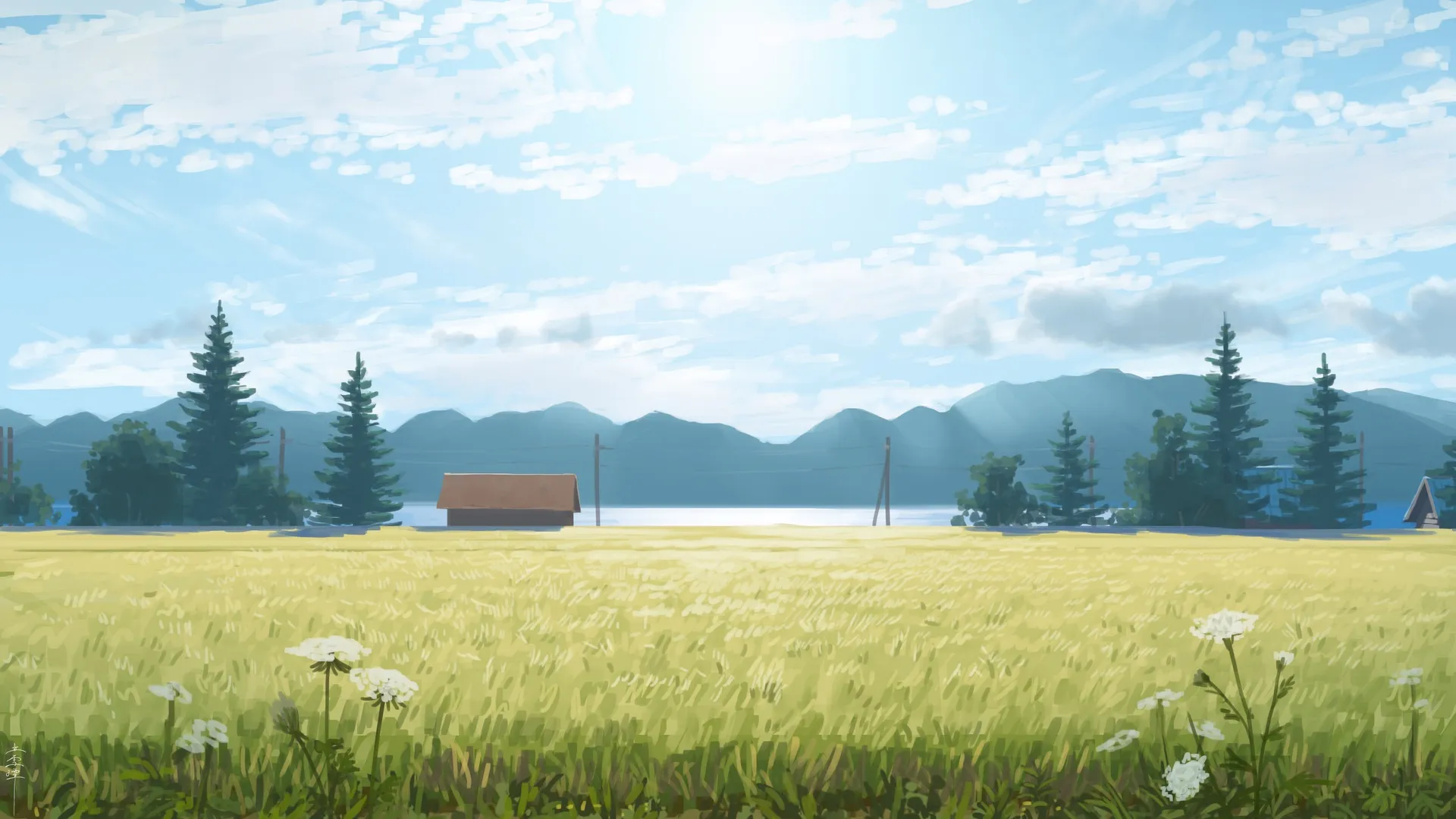 田野 小屋 松树 云朵 花朵 天空 阳光 水面 自然 群山 阳光 风景 蓝色 4K壁纸