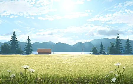 田野 小屋 松树 云朵 花朵 天空 阳光 水面 自然 群山 阳光 风景 蓝色 4K壁纸