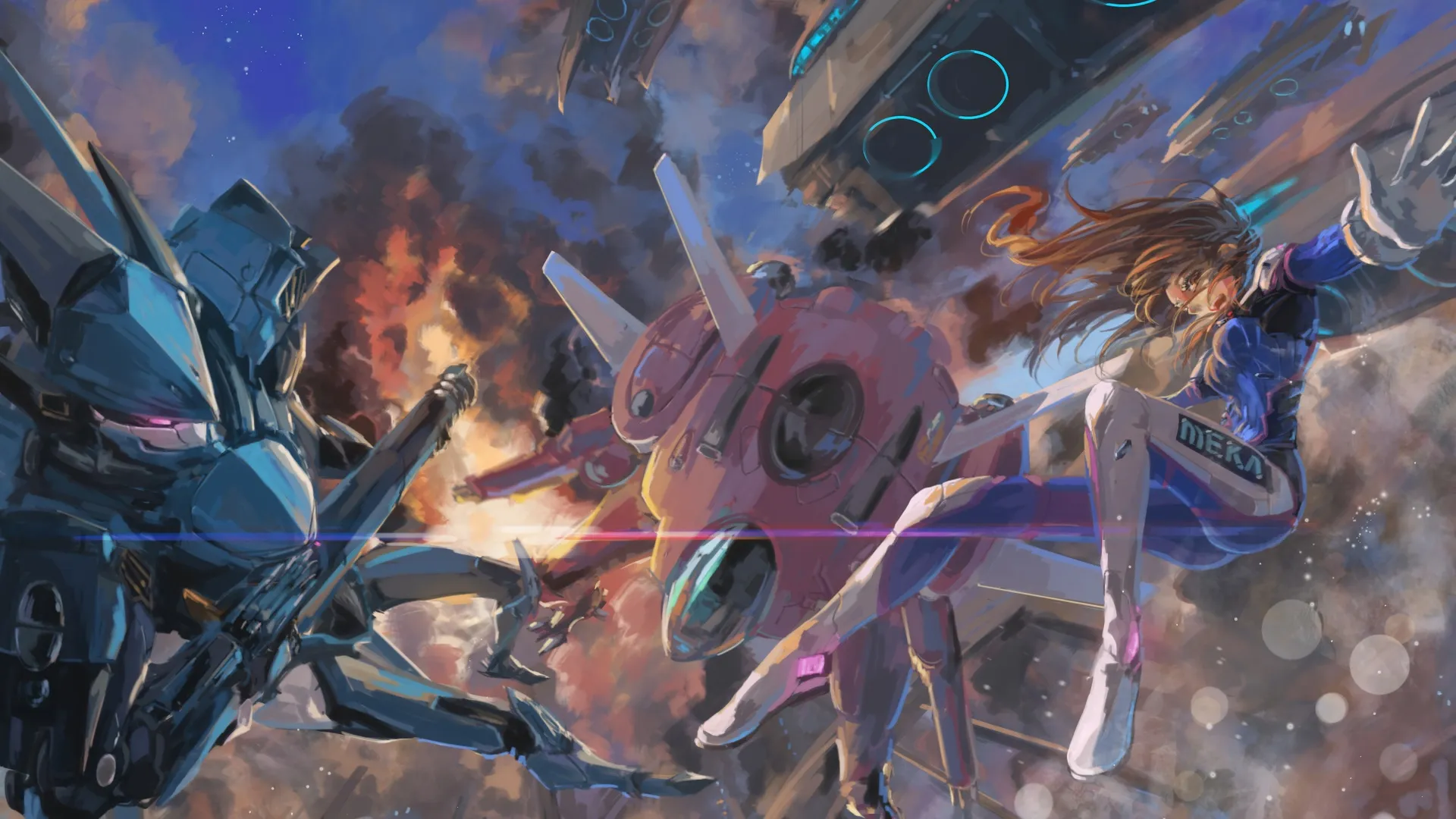 守望先锋 D.Va 紧身连体衣 科幻 宇宙飞船 战斗 火焰 烟雾 星星 光晕 全身 游戏少女 棕发 长发 散景 机甲 天空 4K壁纸