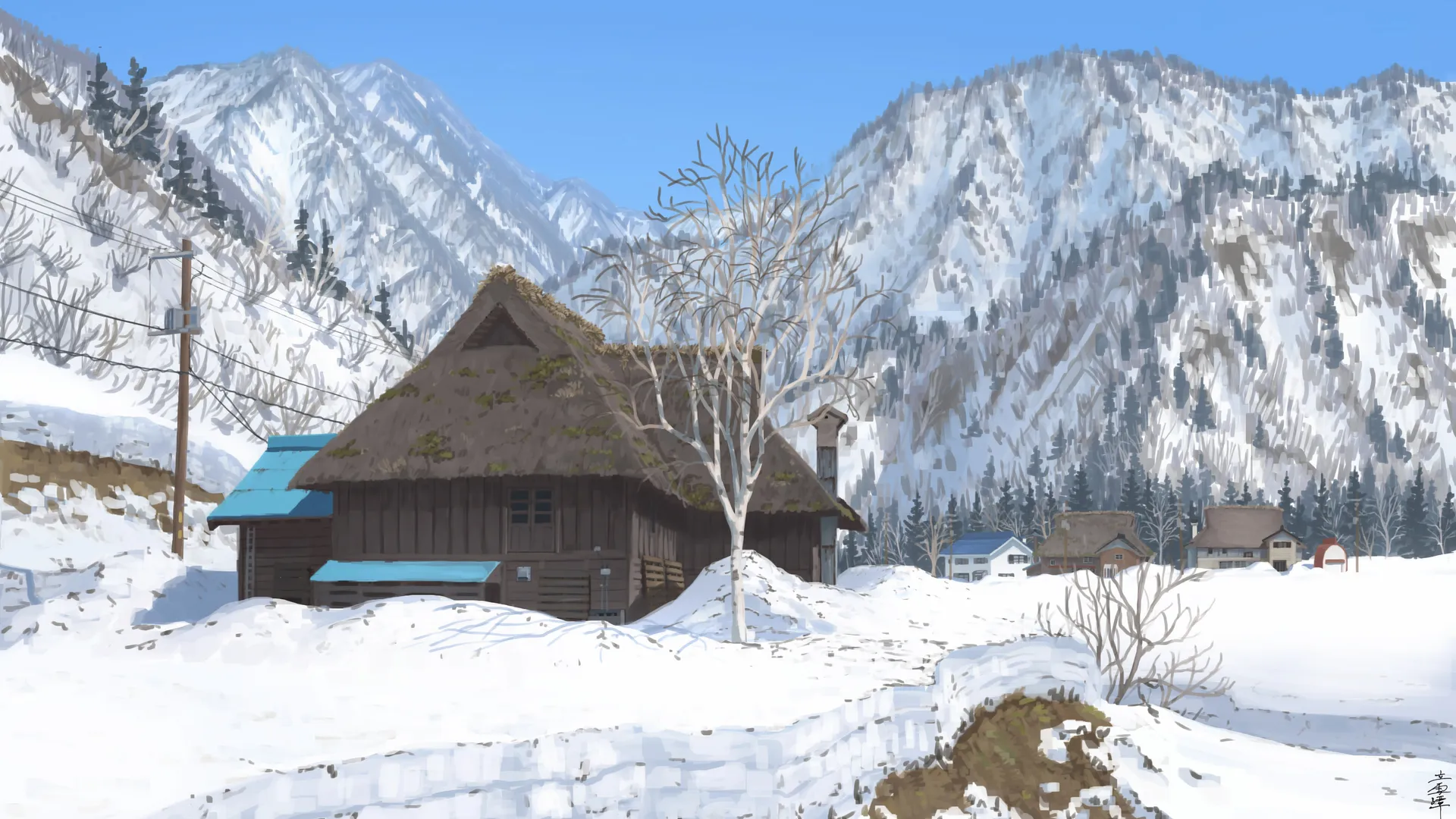 小屋 白桦树 积雪 电线 松树 山脉 冬季 数字艺术 晴朗天空 阳光 户外 电力线 被雪覆盖 树木 树枝 天空 蓝色 白色 4K壁纸