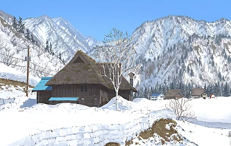 小屋 白桦树 积雪 电线 松树 山脉 冬季 数字艺术 晴朗天空 阳光 户外 电力线 被雪覆盖 树木 树枝 天空 蓝色 白色 4K壁纸