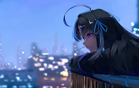 动漫 女孩 哭泣少女乐队 阿和昴 动画 长发 黑发 紫色眼眸 呆毛 城市灯光 丝带 4K壁纸