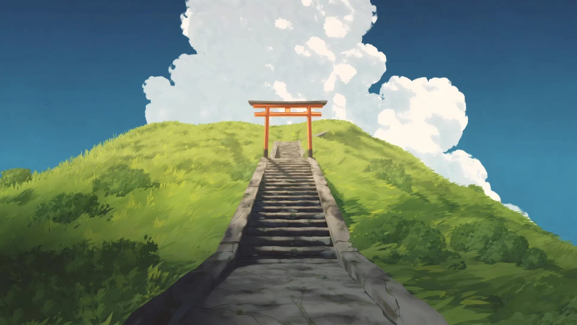 鸟居 台阶 山丘 云朵 草地 天空 户外 绿色 阳光 4K壁纸