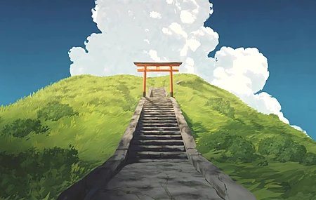 鸟居 台阶 山丘 云朵 草地 天空 户外 绿色 阳光 4K壁纸