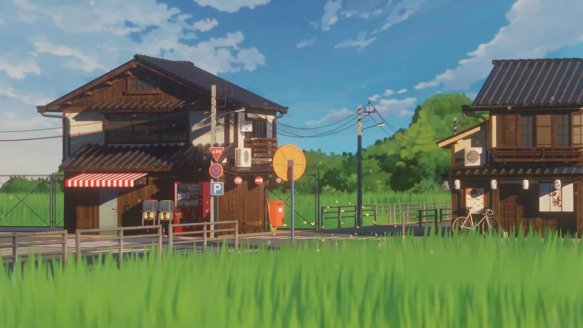乡村 村庄 房屋 杂货店 草地 风景 云朵 电线杆 天空 自动售货机 自行车 栏杆 标识牌 电线 户外 屋顶 围栏 树木 蓝色 绿色 4K壁纸