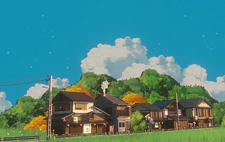 乡村 村庄 房屋 草地 风景 云朵 电线杆 天空 自动售货机 电线 户外 屋顶 烟囱 树木 蝴蝶 绿色 蓝色 4K壁纸