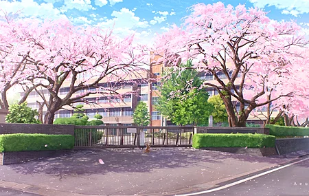 校园 樱桃树 猫咪 春季 云朵 插画 樱花树 天空 树枝 阳光 花瓣 大门 动物 树叶 灌木丛 户外 粉色 4K壁纸