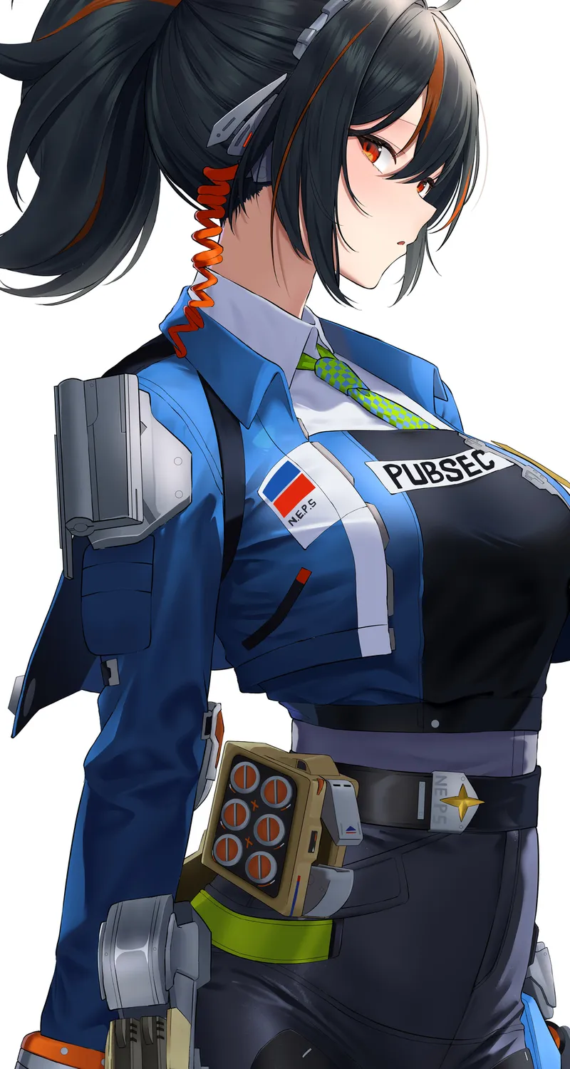 动漫 少女 朱鸢 武器 蓝色外套 黑色长裤 深色头发 游戏少女 白色 马尾 简洁背景 绝区零 双色头发 呆毛 领带 腰带 女警 手机壁纸 4K壁纸