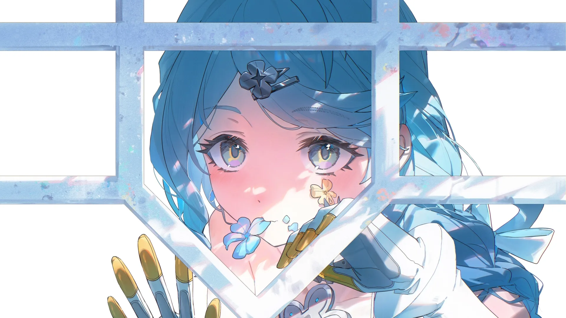 绝区零 动漫  希德 机械少女 蓝发 花朵 花环 编发 蓝色眼眸 发夹 手套 白色 明亮 简洁背景 微笑 蓝色 4K壁纸