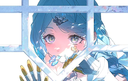 绝区零 动漫  希德 机械少女 蓝发 花朵 花环 编发 蓝色眼眸 发夹 手套 白色 明亮 简洁背景 微笑 蓝色 4K壁纸