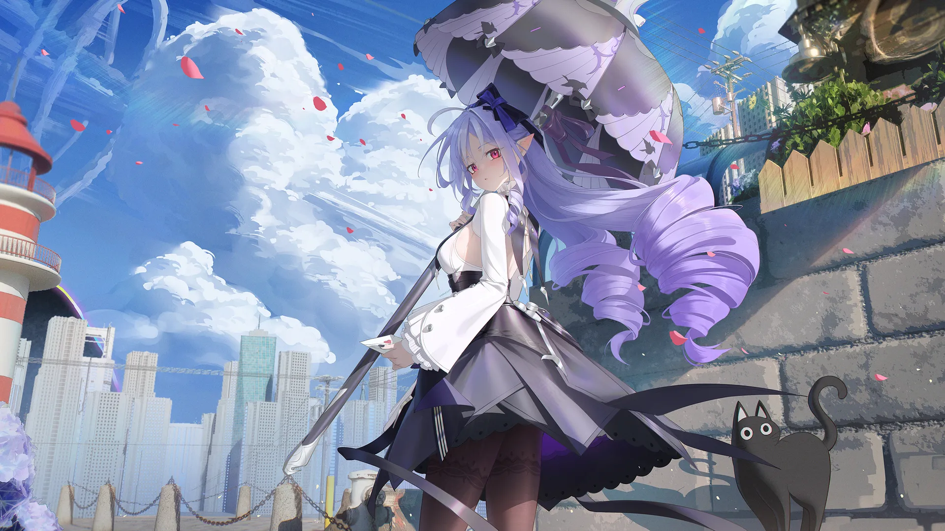 薇薇安 绝区零 天空 动漫 少女 长袖 花瓣 尖耳朵 回望 雨伞 户外 猫咪 城市 景观 紫发 灯塔 白衬衫 黑猫 哥特洛丽塔 超宽画幅 长发 泪痣 紫色 4K壁纸