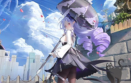 薇薇安 绝区零 天空 动漫 少女 长袖 花瓣 尖耳朵 回望 雨伞 户外 猫咪 城市 景观 紫发 灯塔 白衬衫 黑猫 哥特洛丽塔 超宽画幅 长发 泪痣 紫色 4K壁纸