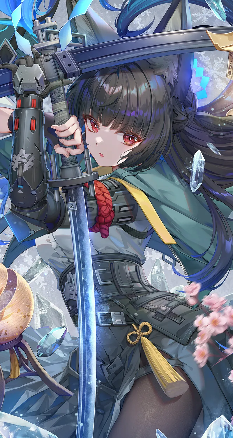绝区零 星见雅 兽耳 黑发 黑色长袜 持剑 红色眼眸 长发 动漫 少女 流苏 狐耳少女 花朵 树叶 冰块 手套 蓝色 绿色 手机壁纸