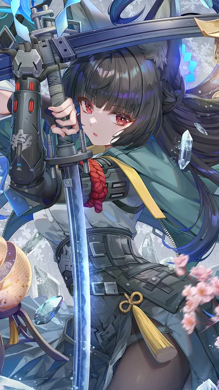 绝区零 星见雅 兽耳 黑发 黑色长袜 持剑 红色眼眸 长发 动漫 少女 流苏 狐耳少女 花朵 树叶 冰块 手套 蓝色 绿色 手机壁纸